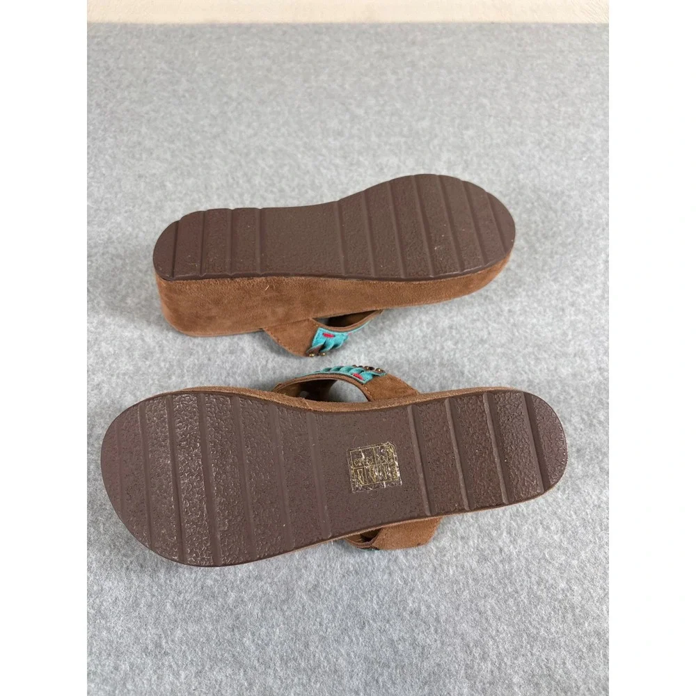 Azura Women Size 38 Brown Suede Colorful Embroidered Boho Wedge Platform Sandals